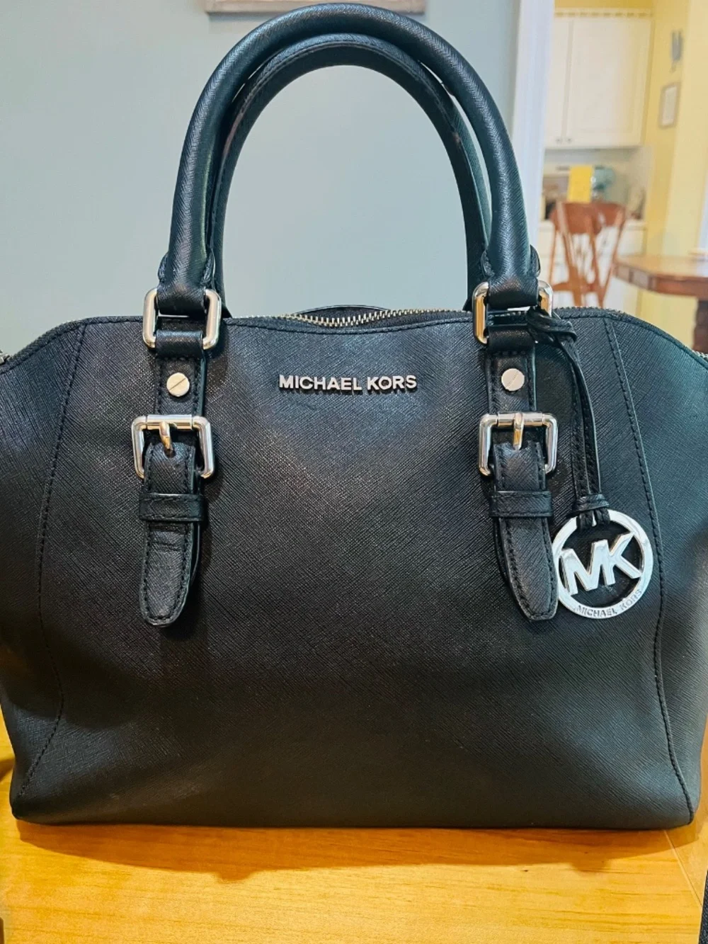 Michael Kors Black Large Saffiano Leather Satchel Silver with Black Wallet